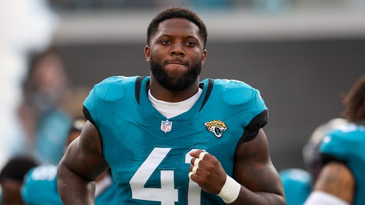 Aug 10, 2024; Jacksonville, Florida, USA; Jacksonville Jaguars defensive end Josh Hines-Allen (41) takes the field for a preseason game against the Kansas City Chiefs at EverBank Stadium. Mandatory Credit: Nathan Ray Seebeck-Imagn Images