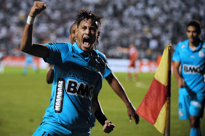 Neymar, of Brazil's Santos FC, celebrate