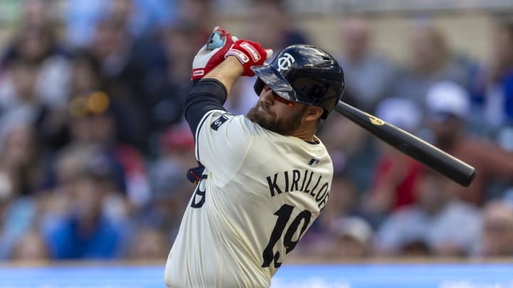 Minnesota Twins designated hitter Alex Kirilloff (19) hits a single in the against the Kansas City Royals in the first inning at Target Field in Minneapolis on May 29, 2024.