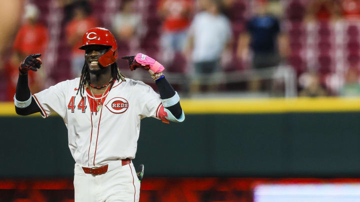 Aug 14, 2024; Cincinnati, Ohio, USA; Cincinnati Reds shortstop Elly De La Cruz (44) reacts after hitting a RBI double in the eighth inning against the St. Louis Cardinals at Great American Ball Park. Mandatory Credit: Katie Stratman-USA TODAY Sports