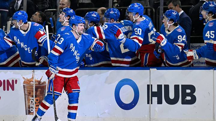 Apr 8, 2026; New York, New York, USA; New York Rangers left wing Alexis Lafrenière (13) celebrates his goal against the Buffalo Sabres during the first period at Madison Square Garden. Mandatory Credit: Dennis Schneidler-Imagn Images Apr 8, 2026; New York, New York, USA; New York Rangers left wing Alexis Lafrenière (13) celebrates his goal against the Buffalo Sabres during the first period at Madison Square Garden. Mandatory Credit: Dennis Schneidler-Imagn Images