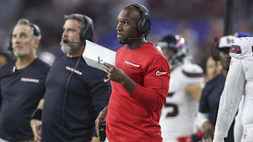 Sep 15, 2024; Houston, Texas, USA; Houston Texans head coach DeMeco Ryans looks on during the second quarter against the Chicago Bears at NRG Stadium.