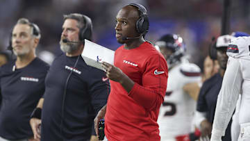 Sep 15, 2024; Houston, Texas, USA; Houston Texans head coach DeMeco Ryans looks on during the second quarter against the Chicago Bears at NRG Stadium.