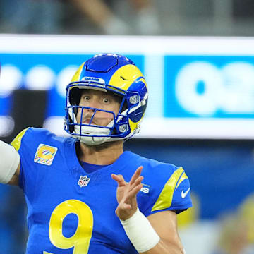 Oct 2, 2025; Inglewood, California, USA; Los Angeles Rams quarterback Matthew Stafford (9) drops back to pass against the San Francisco 49ers during the first half at SoFi Stadium. Mandatory Credit: Kirby Lee-Imagn Images