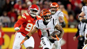 Cincinnati Bengals wide receiver Ja'Marr Chase (1) turns downfield after completing a catch in the third quarter during a Week 17 NFL football game between the Cincinnati Bengals and the Kansas City Chiefs, Sunday, Dec. 31, 2023, at GEHA Field at Arrowhead Stadium in Kansas City, Mo. The Kansas City Chiefs won, 25-17.