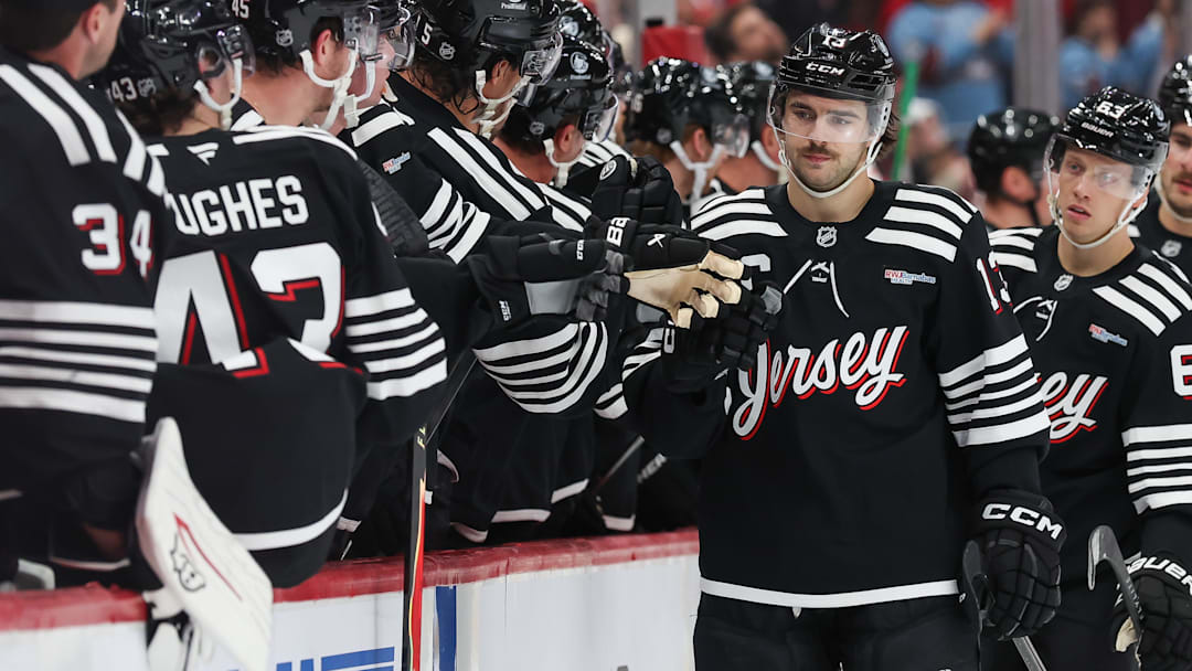 The Devils are wearing their alternate black "Jersey" jerseys for the first time this season in a game against the Red Wings