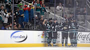 Oct 31, 2024; San Jose, California, USA; San Jose Sharks center Will Smith (2) celebrates his first NHL goal during the first period against the Chicago Blackhawks at SAP Center at San Jose. Mandatory Credit: D. Ross Cameron-Imagn Images