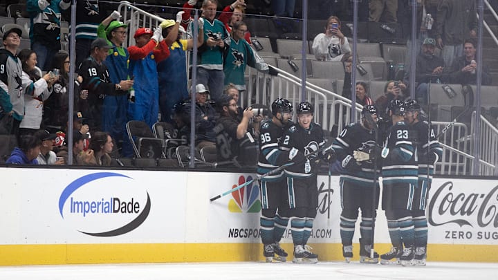 Oct 31, 2024; San Jose, California, USA; San Jose Sharks center Will Smith (2) celebrates his first NHL goal during the first period against the Chicago Blackhawks at SAP Center at San Jose. Mandatory Credit: D. Ross Cameron-Imagn Images