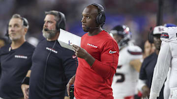 Sep 15, 2024; Houston, Texas, USA; Houston Texans head coach DeMeco Ryans looks on during the second quarter against the Chicago Bears at NRG Stadium.