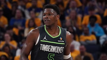 May 10, 2025; San Francisco, California, USA; Minnesota Timberwolves guard Anthony Edwards (5) dribbles upcourt against the Golden State Warriors in the third quarter during game three in the second round of the 2025 NBA Playoffs at Chase Center. Mandatory Credit: David Gonzales-Imagn Images