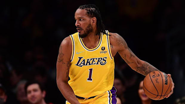 Los Angeles Lakers forward Trevor Ariza (1) controls the ball against the Indiana Pacers during the first half