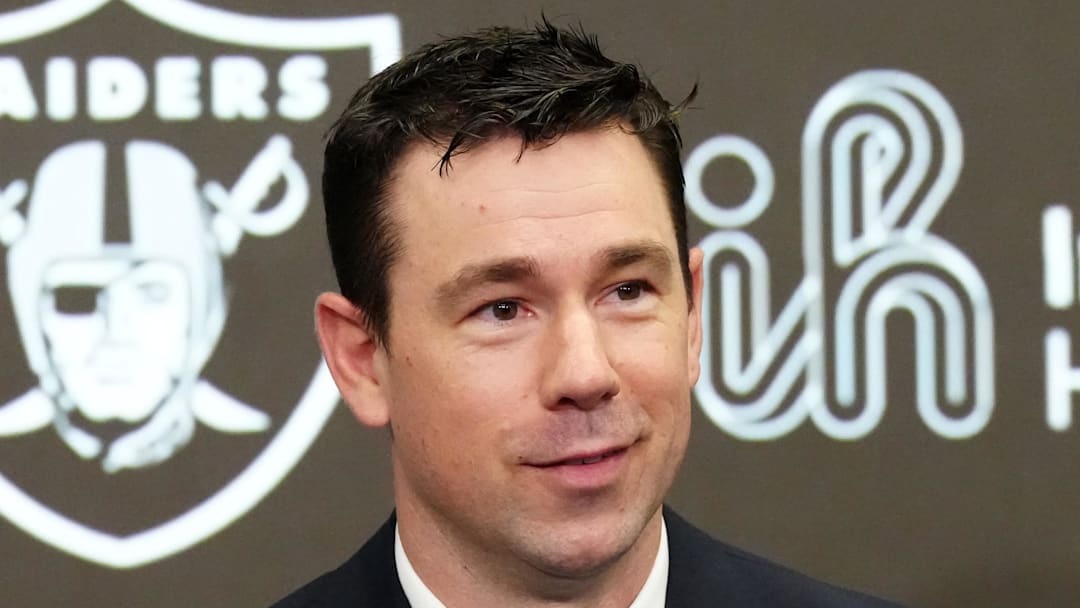 Feb 10, 2026; Henderson, NV, USA; Las Vegas Raiders coach Klint Kubiak speaks at introductory press conference at Intermountain Health Performance Center. Mandatory Credit: Kirby Lee-Imagn Images