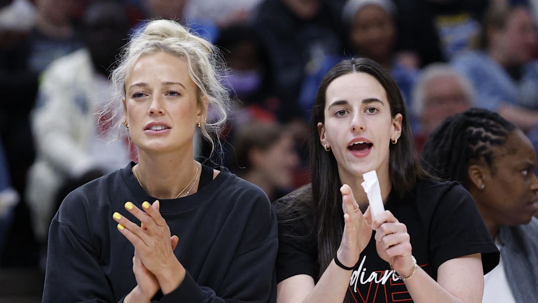 Indiana Fever guards Sophie Cunningham (8) and Caitlin Clark (22)