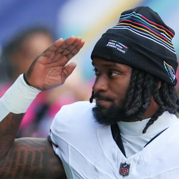 Oct 12, 2025; Indianapolis, Indiana, USA; Arizona Cardinals running back Michael Carter (22) looks on prior to the game against the Indianapolis Colts at Lucas Oil Stadium. Mandatory Credit: Trevor Ruszkowski-Imagn Images