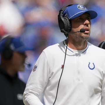 Sep 8, 2024; Indianapolis, Indiana, USA; Indianapolis Colts head coach Shane Steichen watches the action on the field Sunday, Sept. 8, 2024, during a game against the Houston Texans at Lucas Oil Stadium. Mandatory Credit: Grace Hollars/USA TODAY Network via Imagn Images