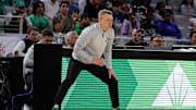 Mar 15, 2025; Fort Worth, TX, USA;  North Texas Mean Green head coach Ross Hodge reacts against the UAB Blazers during the first half at Dickies Arena. Mandatory Credit: Chris Jones-Imagn Images