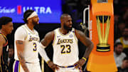 Nov 26, 2024; Phoenix, Arizona, USA; Los Angeles Lakers forward LeBron James (23) and forward Anthony Davis (3) against the Phoenix Suns during an NBA Cup game at Footprint Center. Mandatory Credit: Mark J. Rebilas-Imagn Images