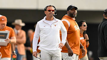 Oct 26, 2024; Nashville, Tennessee, USA; Texas Longhorns head coach Steve Sarkisian watches against the Vanderbilt Commodores  during the first half at FirstBank Stadium. Mandatory Credit: Steve Roberts-Imagn Images