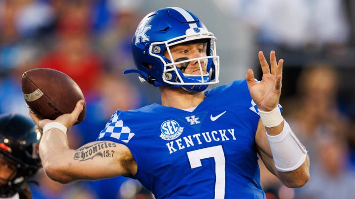 Sep 24, 2022; Lexington, Kentucky, USA; Kentucky Wildcats quarterback Will Levis (7) throws a pass
