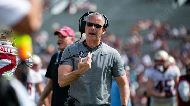 Florida State Seminoles head coach Mike Norvell gets pumped up after a play. Seminole fans watched as the Florida State football team hosted the FSU Garnet and Gold Spring Showcase on Saturday, April 15, 2023.

Fsu Spring Game712