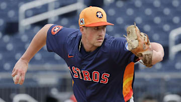Feb 26, 2025; West Palm Beach, Florida, USA; Houston Astros pitcher Logan VanWey throws a pitch during the sixth inning against the Washington Nationals at CACTI Park of the Palm Beaches. Mandatory Credit: Reinhold Matay-Imagn Images