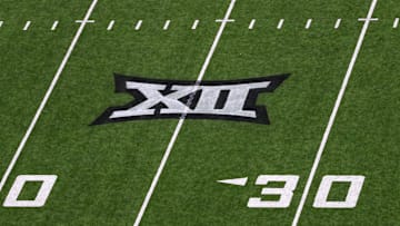 Sep 6, 2025; Lubbock, Texas, USA;  A general view of the Big 12 logo on the field during the game between the Kent State Golden Flashes and the Texas Tech Red Raiders at Jones AT&T Stadium. Mandatory Credit: Michael C. Johnson-Imagn Images