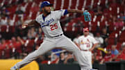 Los Angeles Dodgers reliever Neftali Feliz throws against the St. Louis Cardinals during a game on Sept. 7, 2021, at Busch Stadium.