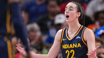 Sep 15, 2024; Indianapolis, Indiana, USA; Indiana Fever guard Caitlin Clark (22) reacts to a call from the referee at Gainbridge Fieldhouse. Mandatory Credit: Grace Hollars/USA TODAY Network via Imagn Images