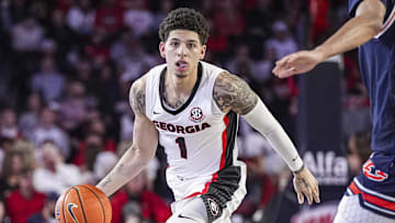 Jan 18, 2025; Athens, Georgia, USA; Georgia Bulldogs guard Dakota Leffew (1) controls the ball against the Auburn Tigers at Stegeman Coliseum. Mandatory Credit: Dale Zanine-Imagn Images