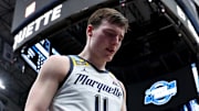 Mar 29, 2024; Dallas, TX, USA; Marquette Golden Eagles guard Tyler Kolek (11) leaves the court after losing to the North Carolina State Wolfpack in the semifinals of the South Regional of the 2024 NCAA Tournament at American Airlines Center. Mandatory Credit: Kevin Jairaj-USA TODAY Sports 