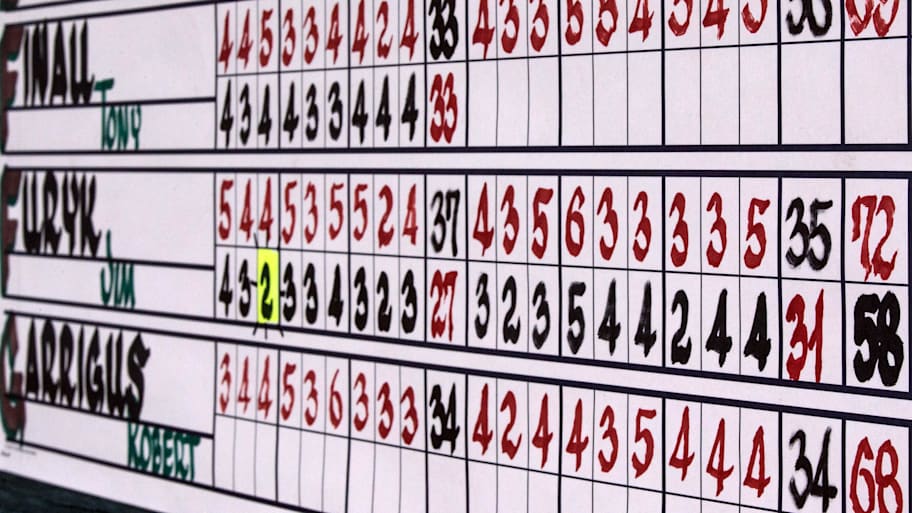 The hole by hole score of Jim Furyk's record 58 on the scoreboard during the fourth round of the 2016 Travelers Championship.