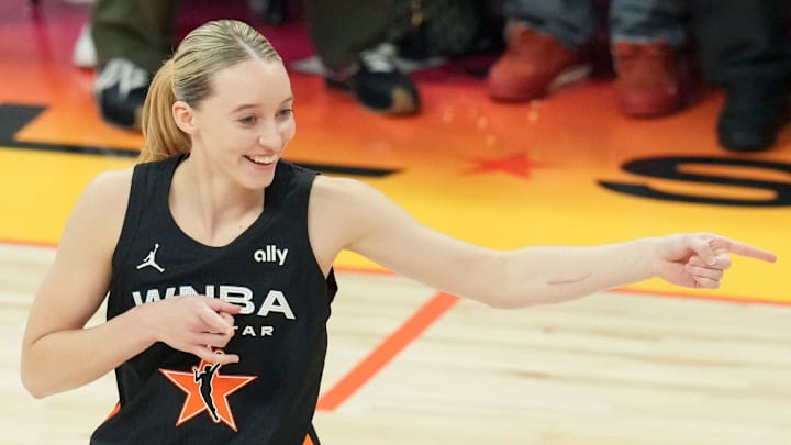 Dallas Wings' Paige Bueckers (5) reacts after a basket Saturday, July 19, 2025, during the WNBA All-Star Game at Gainbridge Fieldhouse in Indianapolis. Dallas Wings' Paige Bueckers (5) reacts after a basket Saturday, July 19, 2025, during the WNBA All-Star Game at Gainbridge Fieldhouse in Indianapolis.