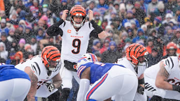Dec 7, 2025; Orchard Park, New York, USA; Cincinnati Bengals quarterback Joe Burrow (9) communicates in between plays in the second quarter against the Buffalo Bills at Highmark Stadium. Mandatory Credit: Gregory Fisher-Imagn Images