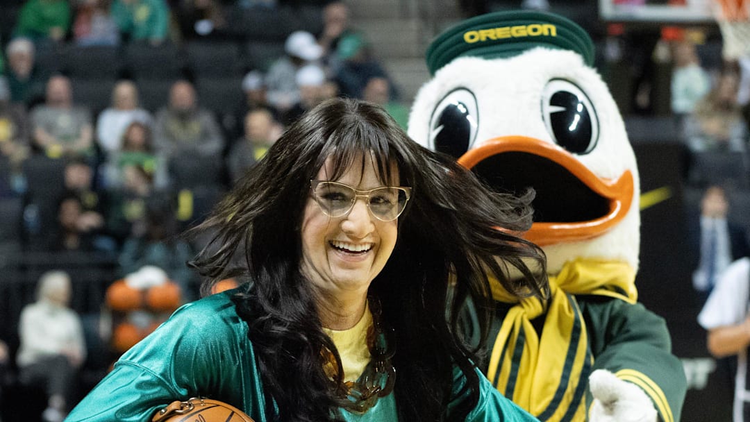 Former Duck Sabrina Ionescu wears a disguise for Oregon Bingo at halftime of the Oregon Army women’s game at Matthew Knight Arena in Eugene Nov. 16, 2025.