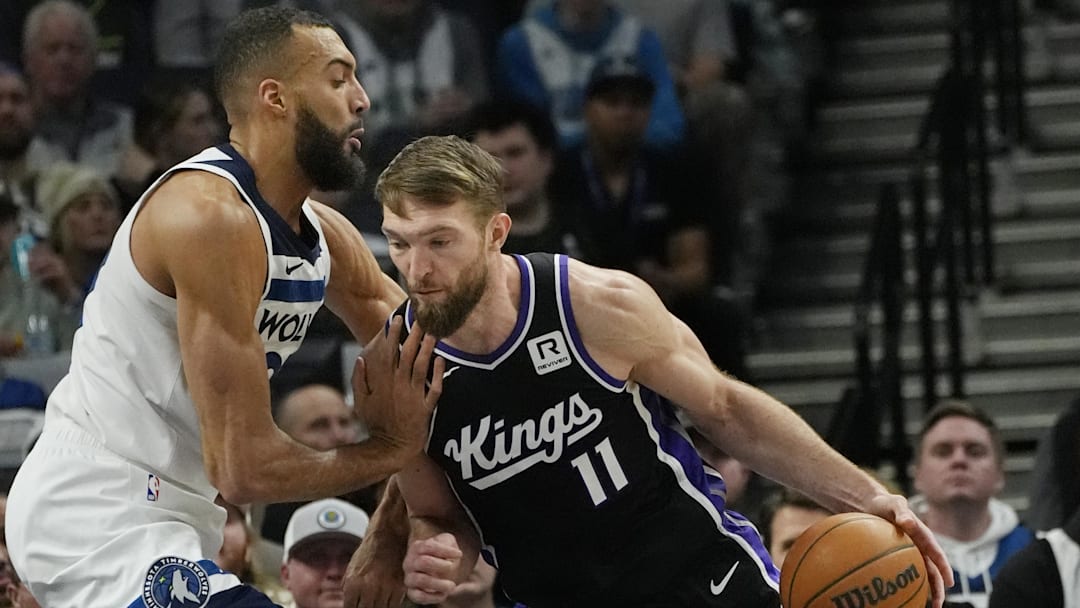 Feb 3, 2025; Minneapolis, Minnesota, USA; Sacramento Kings center Domantas Sabonis (11) works against Minnesota Timberwolves center Rudy Gobert (27) in the first quarter at Target Center. Mandatory Credit: Bruce Kluckhohn-Imagn Images Feb 3, 2025; Minneapolis, Minnesota, USA; Sacramento Kings center Domantas Sabonis (11) works against Minnesota Timberwolves center Rudy Gobert (27) in the first quarter at Target Center. Mandatory Credit: Bruce Kluckhohn-Imagn Images