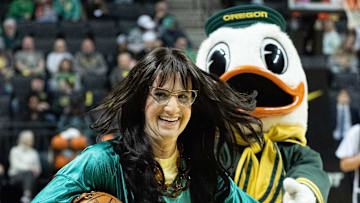Former Duck Sabrina Ionescu wears a disguise for Oregon Bingo at halftime of the Oregon Army women’s game at Matthew Knight Arena in Eugene Nov. 16, 2025.