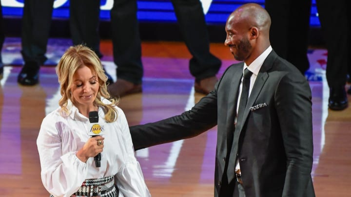 Dec 18, 2017; Los Angeles, CA, USA; Los Angeles Lakers owner Jeanie Buss becomes emotional during a halftime ceremony honoring former player Kobe Bryant at Staples Center. Bryant had his two uniform numbers retired. Mandatory Credit: Robert Hanashiro-USA TODAY Sports