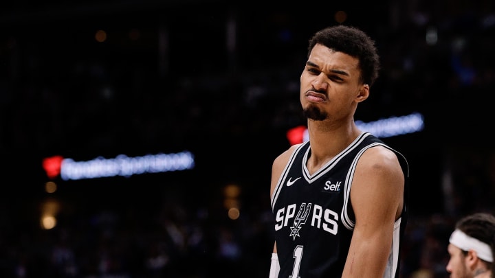 Apr 2, 2024; Denver, Colorado, USA; San Antonio Spurs center Victor Wembanyama (1) reacts after a play in the fourth quarter against the Denver Nuggets at Ball Arena. Mandatory Credit: Isaiah J. Downing-USA TODAY Sports