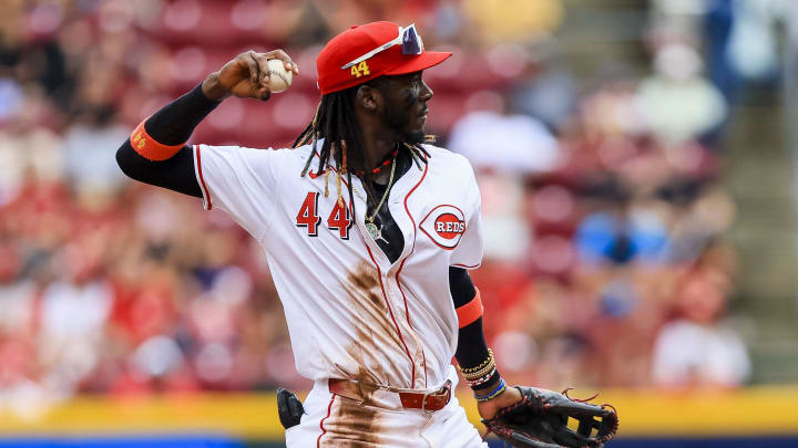 Aug 18, 2024; Cincinnati, Ohio, USA; Cincinnati Reds shortstop Elly De La Cruz (44) throws to first to get Kansas City Royals catcher Freddy Fermin (not pictured) out in the fourth inning at Great American Ball Park. Mandatory Credit: Katie Stratman-USA TODAY Sports