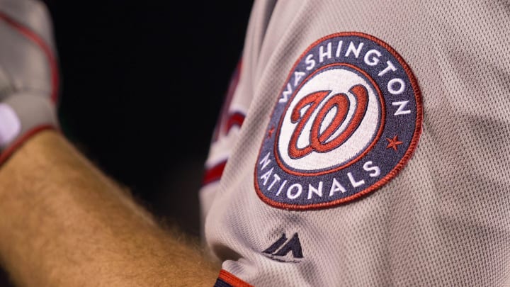 May 5, 2017; Philadelphia, PA, USA; The Washington Nationals logo on a sleeve during a game against