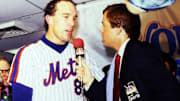 New York Mets Gary Carter and NBC Sports Bob Costas after the Mets defeated the Boston Red Sox in game 7 of the 1986 World Series at Shea Stadium Oct. 27, 1986.