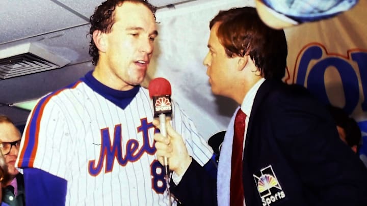 New York Mets Gary Carter and NBC Sports Bob Costas after the Mets defeated the Boston Red Sox in game 7 of the 1986 World Series at Shea Stadium Oct. 27, 1986. New York Mets Gary Carter and NBC Sports Bob Costas after the Mets defeated the Boston Red Sox in game 7 of the 1986 World Series at Shea Stadium Oct. 27, 1986.