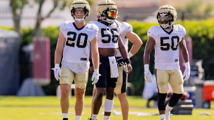 Aug 1, 2023; Metairie, LA, USA;  New Orleans Saints linebackers Pete Werner (20) and Demario Davis (56)