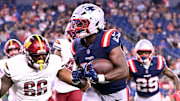Aug 8, 2025; Foxborough, Massachusetts, USA; New England Patriots running back Terrell Jennings (26) scores a touchdown against the Washington Commanders during the second half at Gillette Stadium. Mandatory Credit: Brian Fluharty-Imagn Images