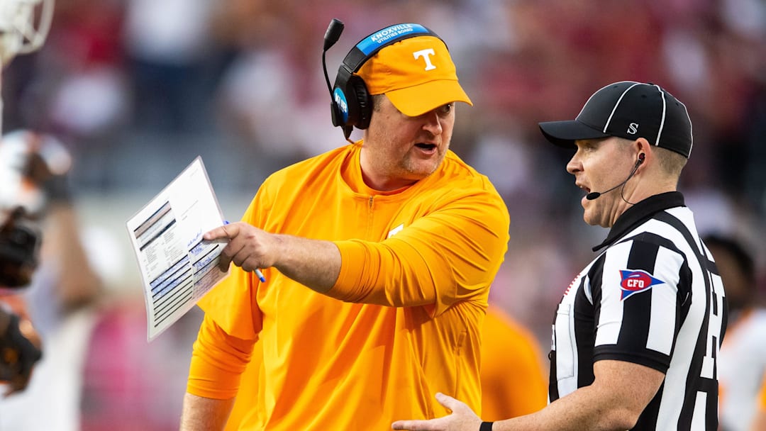 Tennessee head coach Josh Heupel argues with an official during a football game between Tennessee and Alabama at Bryant-Denny Stadium in Tuscaloosa, Ala., on Saturday, Oct. 21, 2023.