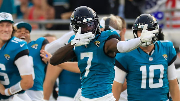 Jacksonville Jaguars wide receiver Brian Thomas Jr. (7) reacts to his reception during the first quarter of a preseason NFL football game Saturday, Aug. 10, 2024 at EverBank Stadium in Jacksonville, Fla. [Corey Perrine/Florida Times-Union]