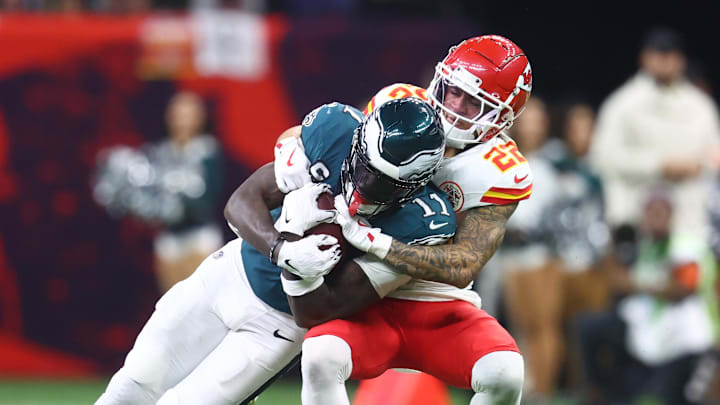 Philadelphia Eagles wide receiver A.J. Brown is tackled by Kansas City Chiefs cornerback Trent McDuffie during Super Bowl LIX. Philadelphia Eagles wide receiver A.J. Brown is tackled by Kansas City Chiefs cornerback Trent McDuffie during Super Bowl LIX.