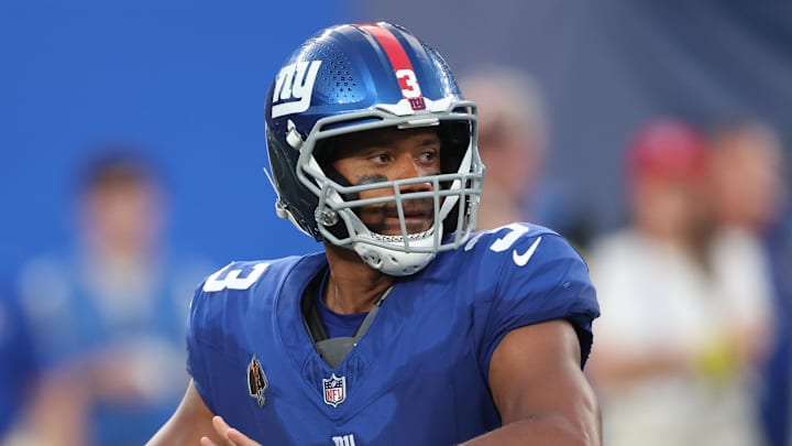 Aug 16, 2025; East Rutherford, New Jersey, USA; New York Giants quarterback Russell Wilson (3) drops back to pass during the first half against the New York Jets at MetLife Stadium. Mandatory Credit: Vincent Carchietta-Imagn Images Aug 16, 2025; East Rutherford, New Jersey, USA; New York Giants quarterback Russell Wilson (3) drops back to pass during the first half against the New York Jets at MetLife Stadium. Mandatory Credit: Vincent Carchietta-Imagn Images