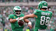 Oct 26, 2025; Philadelphia, Pennsylvania, USA; Philadelphia Eagles tight end Dallas Goedert (88) celebrates with quarterback Jalen Hurts (1) after scoring a touchdown against the New York Giants in the fourth quarter at Lincoln Financial Field. Mandatory Credit: Bill Streicher-Imagn Images