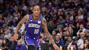 Nov 25, 2024; Sacramento, California, USA; Sacramento Kings forward DeMar DeRozan (10) pushes the ball up the court against the Oklahoma City Thunder during the second quarter at Golden 1 Center. Mandatory Credit: Ed Szczepanski-Imagn Images